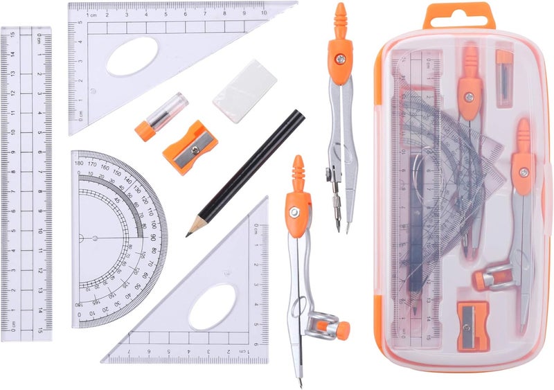 Vobou Math Geometry Kit Sets 10 Piece Student Supplies with Shatterproof Storage Box,Includes Rulers,Protractor,Compass,Eraser,Pencil Sharpener,Lead Refills,Pencil,for Drafting（Orange） - Image 2